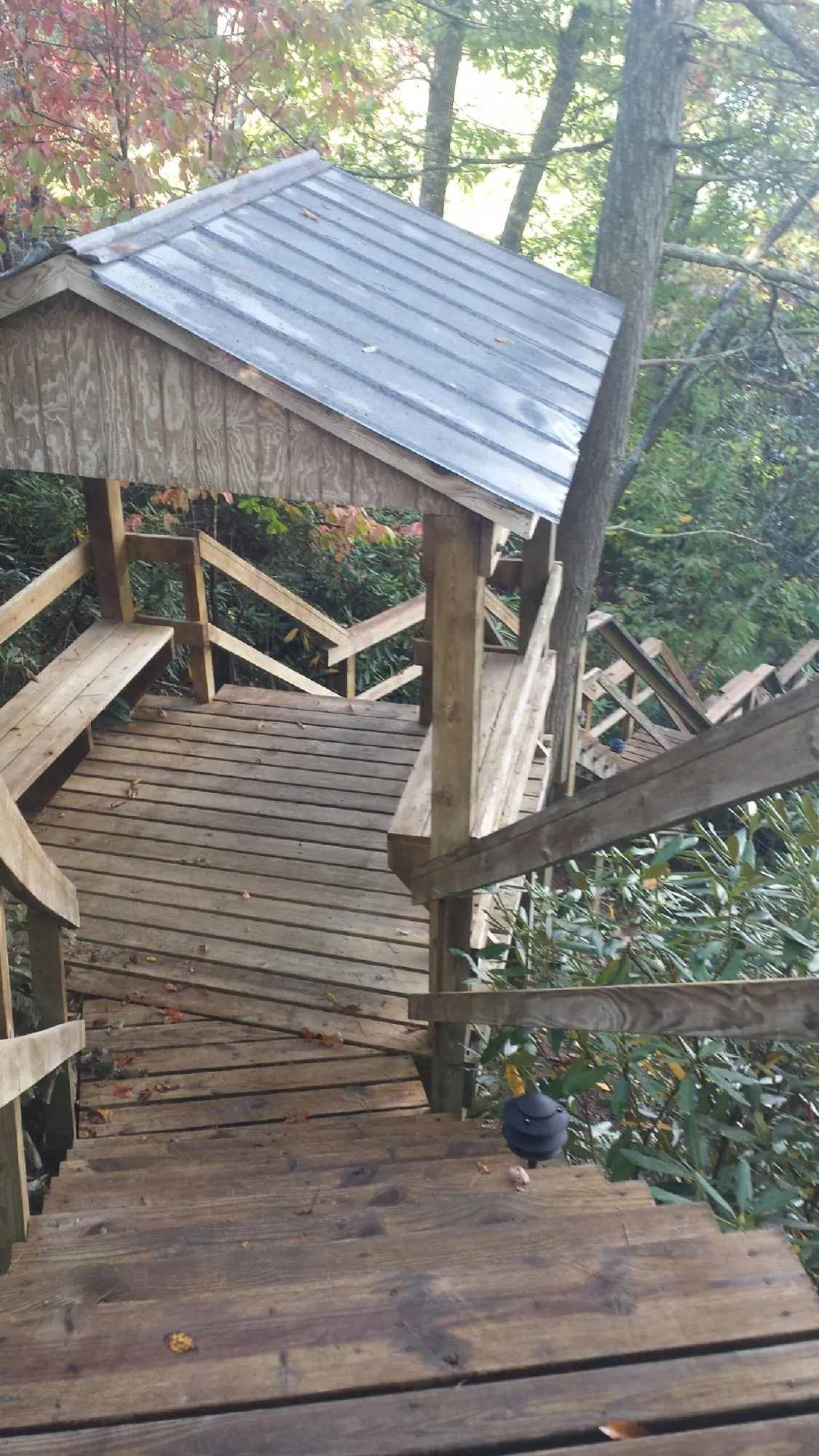 Metal roofed shelter over wooden steps on a wooded walkway — Skylight Repair & Installation work by our crew in Leota